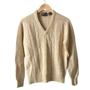 Brian MacNeil Vtg New Zealand Wool Beige V-neck Cable Knit Sweater Women Medium